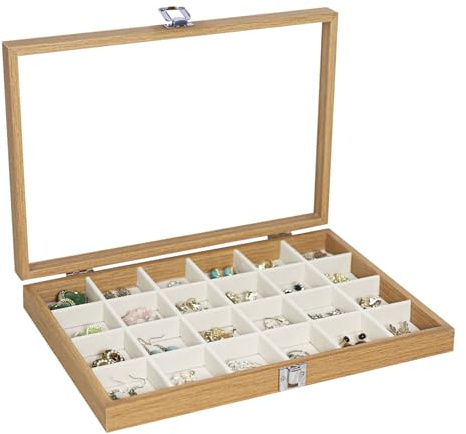 Stratalife Jewelry Organizer Wooden Jewelry Box Jewelry Display Case Jewelry Tray with Glass Lid Earring Holder Organizer Bracelet Ring Organizer 24 Grid Jewelry Tray Vintage Gift for Women