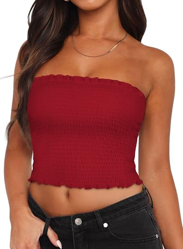Womens Tube Top Summer Strapless Crop Tops Pleated Slim Fit Vests | soft and stretchy cotton blend, trendy backless tank shirts, flattering slim fit, simple solid color for daily wear