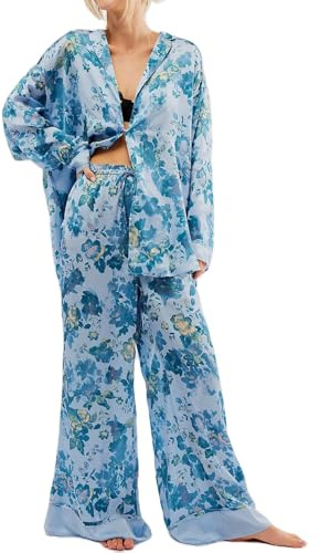 Arssm Satin Pajama Set for Women Silk Pajamas Set 2 Piece Floral Pj Set Long Sleeve Button Down Pjs Sleepwear(Blue-M)