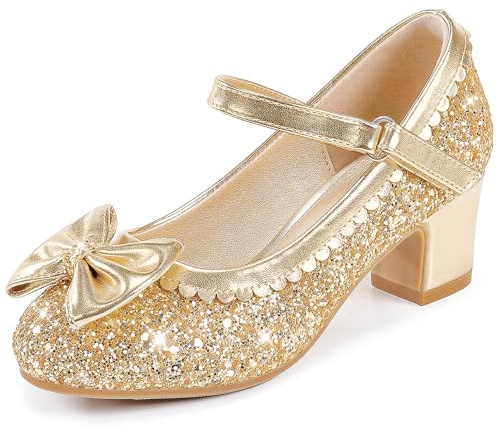 LAURMOSA Princess Shoes Girls Party Shoes Kids High Heels with Bow Mary Janes Sparkly Flower Girl Shoes for Toddler Little Big Kids Wedding Birthday Prom Dress Up
