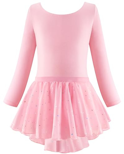 Generisch Vestito festivo per bambina con body-tutù da balletto a maniche lunghe, abiti da danza, completo tutù per bambine ballerine Natale, Colore: rosso, 5-6 Anni