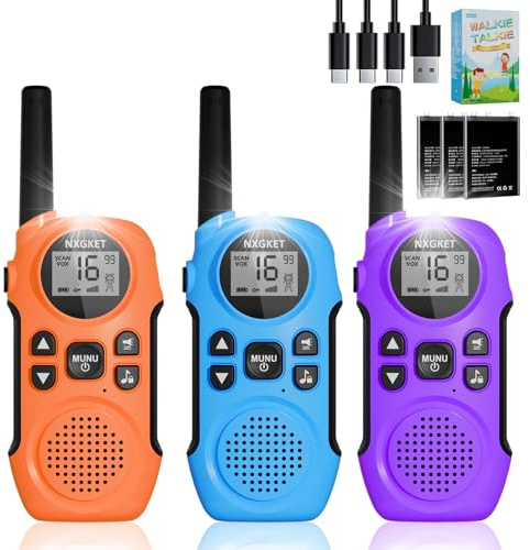 Walkie Talkie NiñOs Recargable,3pcs NXGKET Walki Talki Largo Alcance Batería Li-Ion,Regalo de Juguetes al Aire Libre para niños de 3 a 12 años,16 Canales VOX para Camping (Violeta+Naranja+Azul)