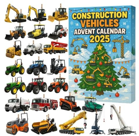 Calendrier de l'Avent 2025, 24 jours avec mini camions de construction, pelleteuses, bulldozers, pour garçons, collectionneurs et amateurs de véhicules