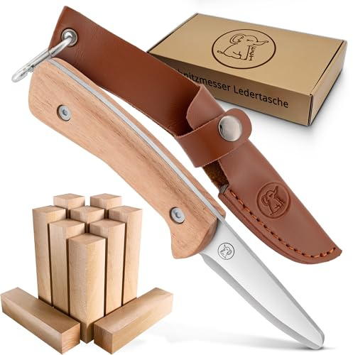 Eli® Schnitzmesser für Kinder mit Schnitzholz und Ledertasche ab 8 Jahre - hochwertiges Kindermesser Schnitzset inkl. schnittfeste Handschuhe - Kinderschnitzmesser - Schnitzwerkzeug - Outdoor Messer