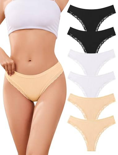 ANSUKOO Cotton Lace Knickers for Women 6 Pack,Thongs Underwear Multipack | Elastic Stretch Sports Panties,Soft Comfortable Gym Undies,Ladies Running String Pants,Workout Athletic Breathable Briefs