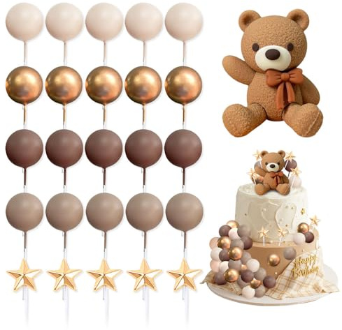 HMCEY 26 Pezzi Decorazioni Torta Orsetto,Teddy Bear Cake Topper con Palline,Decorazione Torta Compleanno,Decorazioni Cupcake Baby Shower,Addobbi per Torte per Battesimo, Matrimonio - Marrone Scuro