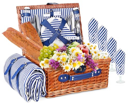 Cestino Picnic,Cesto Picnic Vimini Coperta Impermeabile e Set di Posate, Set Pic Nic 4 Persone per Campeggio, Cestino Pic Nic Vimini Blu perCampeggio, Attività all'aperto, Feste, Spiaggia(blu)