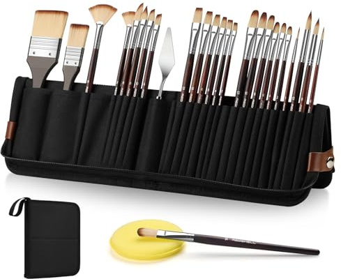 26 Piezas Juego de Pinceles para Pintar, Pinceles Pintura Acrilica con Estuche Soporte, Pinceles Profesionales para Acuarela, Óleo y Manualidades, Kit de Pincel Abanico y Espátula para Artistas