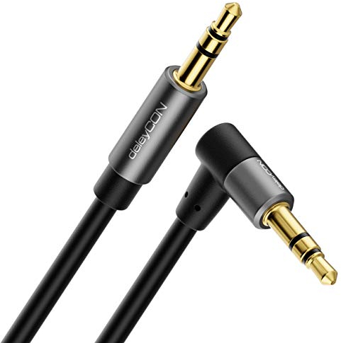 deleyCON 1.5m (4.92 ft.) Jack Audio Stereo Aux Cable 3.5mm Jack Cable Audio Cable Angled Plug Metal Plug Mobile Phone Smartphone Tablet Headphone Hi-Fi Receiver (Extra Thin & Flexible)