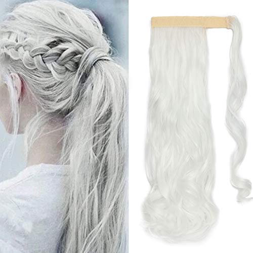 SEGO Extension Coda Capelli Clip Ricci Mossi Coda di Cavallo 43cm Ponytail Fascia Unica Posticci Sintetici 90g - #Bianco