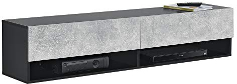 [en.casa] Mobile Porta TV da Parete con Ante a Ribalta 2 Scomparti Chiusi Aperti Mobile Contenitore Sospeso Stand Multimediale Soggiorno 140x31x30 cm - Nero/Effetto Cemento