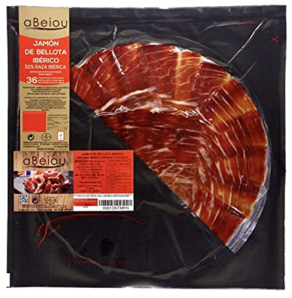 aBeiou. Plateau JAMBON IBÉRIQUE DE GLAND COUPE À LA MAIN comme à la maison par un maître jambon. PRÊT À SERVIR Fermeture automatique. Patanegra. Affiné +36 mois, Certificat de garantie Hycer. 100gr