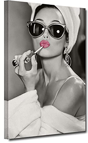ZHONGYUTONG Audrey Hepburn Leinwandbild mit Rahmen Rosa Lippenstift Wand Gemälde Schwarz Weiß Kunstdruck Moderne Wanddekoration für Wohnzimmer Schlafzimmer (30x45cm)