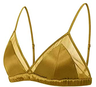 SilRiver Women's Satin Triangle Bralette Tops Silk Wirefree Bra mesh Cami Bra with Removable Pads, Gilded Beige, M
