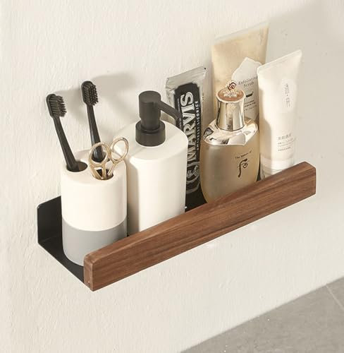 An der Wand montiert Schwimmend Metallregal Ledge,Schwarz Badezimmer Regal Wandhalterung Regal dekorieren mit Massivholz Kanten Platzeinsparung Rostfest Extra stark Schwebende Regale Lagerregal(30CM)