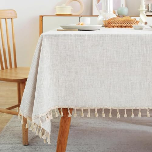 Laolitou Textured Table Cloth for Rectangle Table, Heavy Duty Farmhouse Tablecloth Solid Cotton Linen Waterproof Wrinkle Free Burlap Tables Cover for Kitchen Dining,Party, Ivory 55''x90'',6-8 Seats