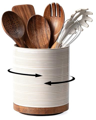 Utensil Holder, 360° Rotating Extra Large Ceramic Kitchen Utensil Holder for Countertop, 7.3“ Cooking Utensil Crocks for Kitchen Counter with Rotatable Wooden Base, Farmhouse Decor, Arctic White