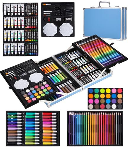 SOBEAU Maletin Pinturas para Niños, 144 piezas Estuche Pinturas, Pintura Acrílica, Lápices de Colores, Pasteles, Kit Pintura para Niños Adultos