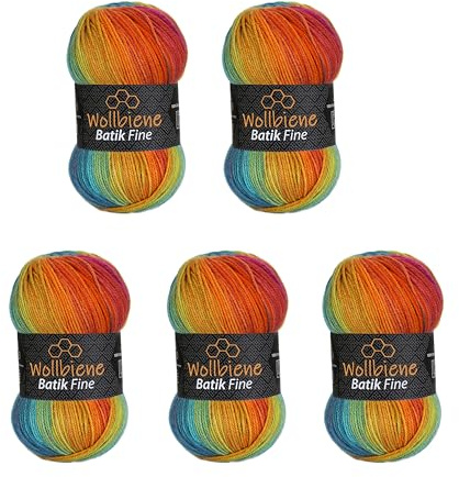 Wollbiene Batik Fine Lot de 5 pelotes de laine de 100 g pour tricot et crochet (500 g) Multicolore Avec dégradé de couleurs Couleur (2060 baie orange vert turquoise)