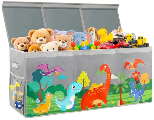KORVAX Extra Large Toy Box Chest with Lids, Collapsible Toy Storage Organizer for Kids, Dinosaur Toy Bin Box for Toddlers Boys Girls, Toy Organizer for Living Room Nursery Playroom Bedroom Home Grey