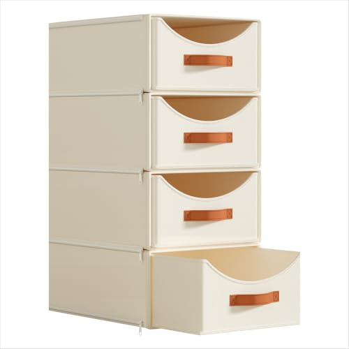 4 Pack Foldable Wardrobe Storage Organiser - Large Stackable Storage Boxes | Closet Organiser Bins, Fabric Drawers With Reinforced Handle For Bedroom, Living Room, Office, Cabinet, Nursery, Beige