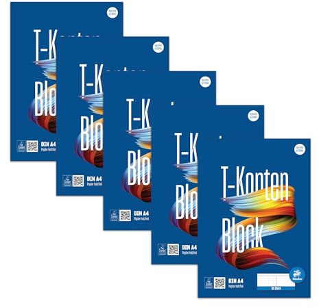 Staufen Style T-konton block – 5 block vardera, 25 ark, DIN A4, 80 g/m², 10 konton per sida, konton bokföring