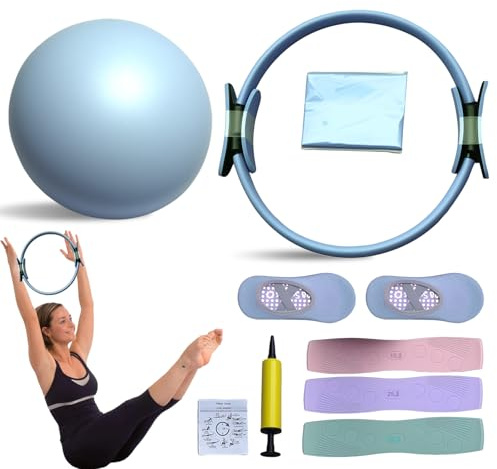 Ensemble d'anneaux de Pilates Magic Circle de 38 cm - Comprend Une Mini Balle de Pilates Résistante à L'éclatement et des Bandes, Pilates Essential Kit Accessoires, Flexibilité, Stabilité (Bleu)