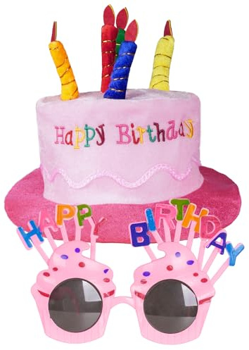 Vxcvzv 1 Set Happy Birthday Hat and Glasses Plush Hats Unisex Adult Size - Perfect as Party Favors Costume Accessories - Cake & 5 Multicolor Candles (Pink)