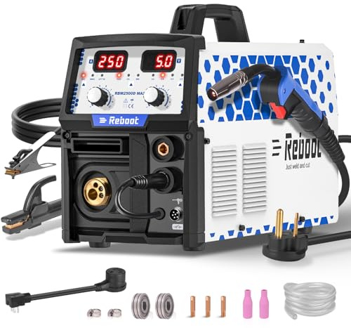 Reboot RBM2500D MAX 250A 5-in-1 MIG Welder, Premium Build, Spool Gun Compatible for Aluminum, Lift TIG, MIG Gas/Gasless, Stick, 120V/240V Dual Voltage Multiprocess Welding Machine