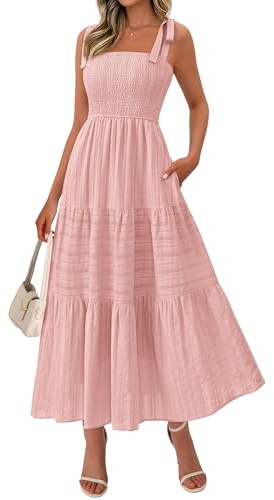 BTFBM Women's 2026 Spring Boho Spaghetti Strap Dress Casual Sleeveless Smocked A Line Beach Sundress Long Maxi Dresses(Pink, X-Large)