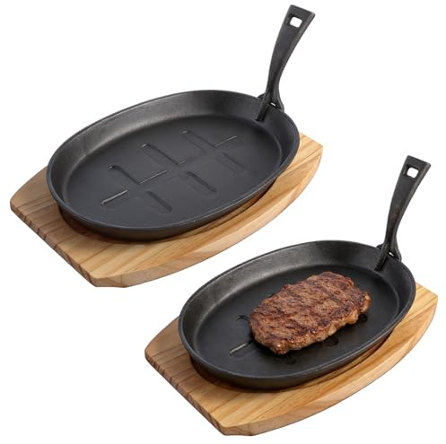 CYEER 2 Pcs Cast Iron Pan with Wooden Bases and Removable Handles, Cast Iron Pan for Steak Frying Pan Set for Induction Grill Oven, 27.5x19cm Sizzle Platter with Base