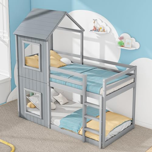 HaoChrymec Lit Superposé 90 x 200 cm en Bois Massif avec Échelle, Baldaquin, Lit Maison pour Enfants, Lit pour Fille et Garçon, Gris