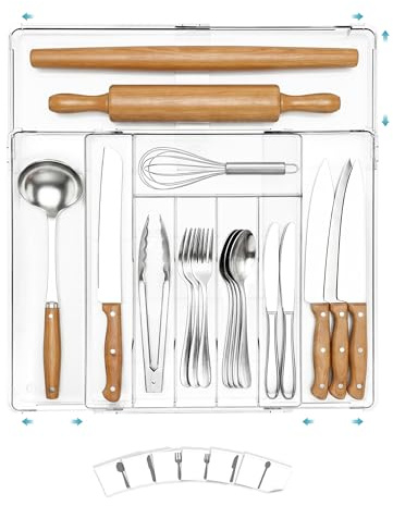 Vtopmart Extendable Cutlery Drawer Organiser, Adjustable Cutlery Tray for Kitchen Drawers, Utensil Drawer Organizer, Clear Plastic Food-Safe Cutlery Holder, for Spoons Forks Knives (6-9 Slots)