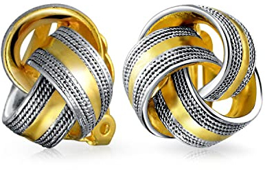Twist Braided Pave Crystal Love Knot Button Style Clip On Earring For Women Non Pierced Ears Rose Gold tone Silver Plated