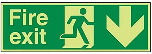 V Safety Glow In The Dark Fire Exit Arrow Down Sign - 600mm x 200mm - Self Adhesive Vinyl