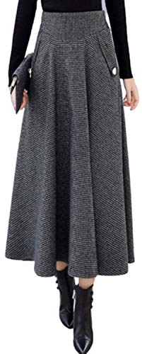 GL SUIT delle Donne Plaid di Lana Gonne a Vita Alta A-Line Svasato Lungo Gonna Autunno Inverno Pieghe Lana Calda Retro Big Swing Maxi Gonne con Tasche,Graygrid,M