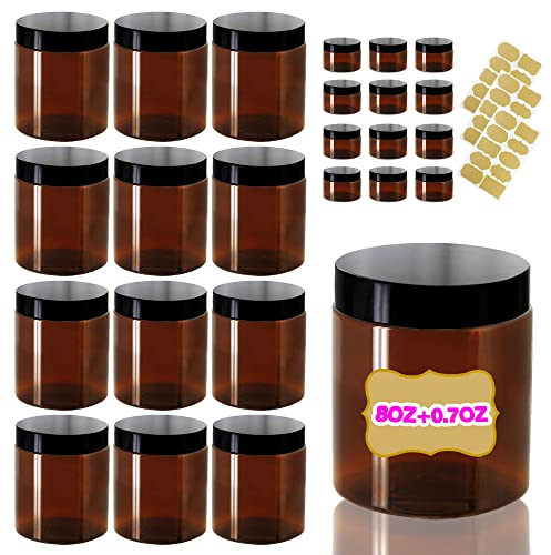 Ámbar recipientes de plástico de 250 ml con tapas 8 onzas frascos de plástico con tapas + recipientes de muestra de herméticos 20 g (juego de 24) para alimentos secos, mantequilla de maní, crema