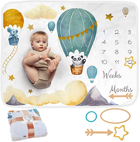 Baby milstolpe-filt | Månatlig fotomatta för nyfödd pojke eller flicka, unisex | ballongtema | personlig babyshower present för nya mammor | åldersmatta | mjuk och bekväm | Inkluderar färgade ramar