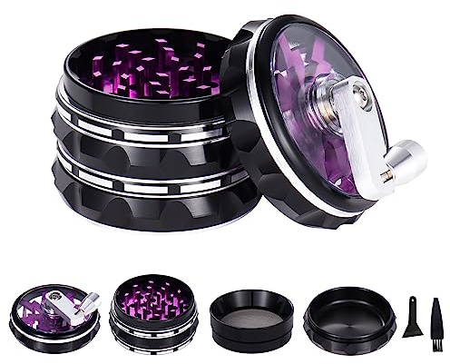TIRIRS 2.5 4 Pieces Hand Cranked Clear Top Herb Grinder - Aluminium Spice Grinder with Pollen Scraper and Cleaning Brush, Foldable Handle - Black and Purple.