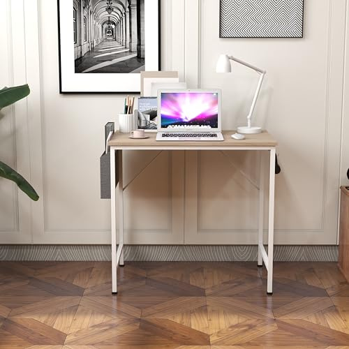 Computer Desk, Home Office PC Desk, Desktop Table with Side Storage Bag and Iron Hooks, Stable Metal Frame Workstation (Beige, 80X50X75CM)