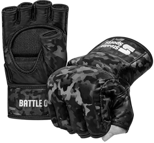 Guanti MMA Uomo Donna Spessore 12 mm - Guanti da presa in pelle PU Palmo aperto Muay Thai Kickboxing Sparring Sacco da boxe Boxe Allenamento Gabbia Lotta Guanti per arti marziali (Nero Mimetico, S)