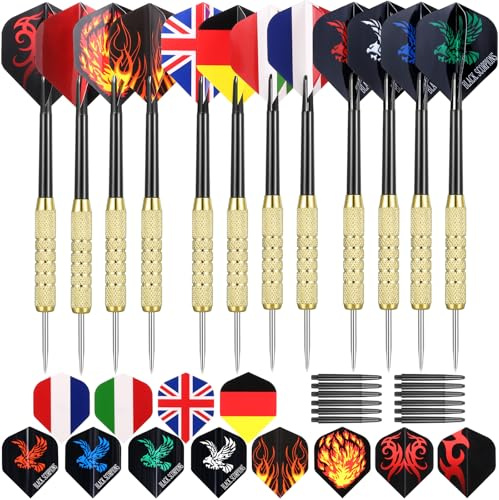 GWHOLE Fléchette Pointe Acier Lot de 12 Fléchettes à Pointe Aiguille en Acier avec 36 Ailettes et 12 Tiges Supplémentaires Jeux de Fléchettes Set de Fléchettes Professionnel