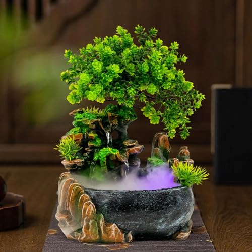 Elegante fontana da tavolo in resina con luce LED, decorazione rilassante per la casa, marrone e verde, montaggio richiesto, ideale per l'ufficio e il soggiorno