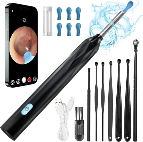 QIMIALOL Wireless Visual Ear Pick FDA Eligible Ear Wax Removal Kit with 6 Ear Spoon Covers Ear Cleaner with Camera Compatible with iOS and Android Systems for Kids, Adults & Pets, Black Color