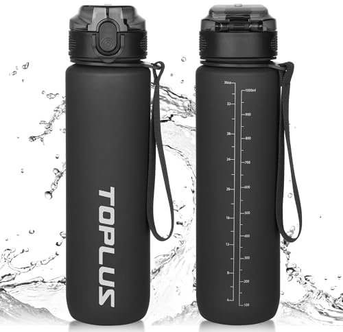 TOPLUS Trinkflasche 1 Liter, 100% BPA-frei, Sportflasche, Wassweflasche für Fahrrad, Camping, Yoga, Gym & Outdoor-Aktivitäten - Leicht, Stoßfest & Wiederverwendbar - Schwarz (1 Flasche, 1000ml)