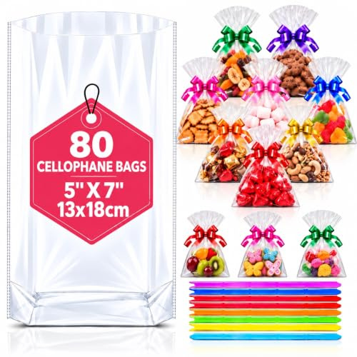 MAARA Small Cellophane Bags, Pack Of 80 (5X7/13X18cm) Clear Cellophane Sweet Bags, Flat Bottom Plastic Party Treat Bags With Pull Bows For Cookies, Biscuits, Clear Gift Bags