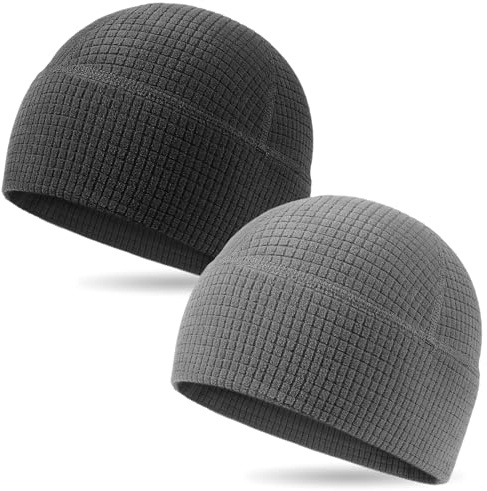 2 Pack Grid Fleece Beanie Watch Cap Waffle Tactical Beanie Multi-Season Army Military Fleece Hat, All Weather Gear, One Size, Black/Grey