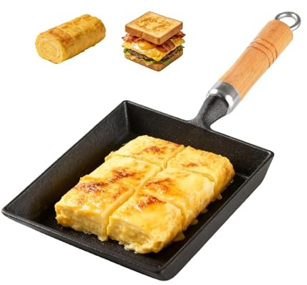 Komost Cast Iron Tamagoyaki Pan, Japanese Egg Omelet Pan, Small Rectangle Frying Pan with Wooden Handle, All Stovetops Compatible, Naturally Nonstick with Oil Seasoning, 7.2 x 6.1 Inch