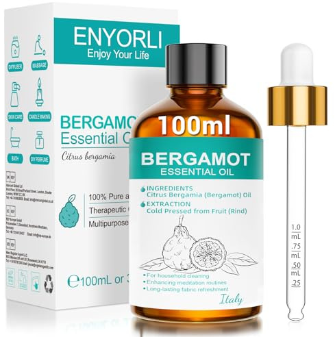 ENYORLI Aceite Esencial de Bergamota 100ml - Natural para Difusor Aromaterapia y Humidificador - Aceite Cítrico Vegano para Jabones Velas Masajes y Baño