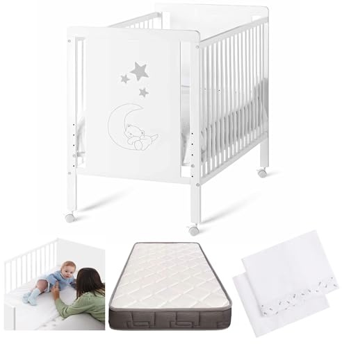 Cuna Colecho de Bebé Indi Estilo Nórdico Infantil 120x60 cm, con Kit Colecho, Colchón Morfeo, 4 Ruedas y Sábanas de Algodón CoolDreams